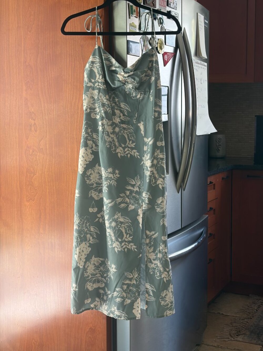 Cider - Sage Green Floral Tie Shoulder Slit Corset Style Midi Dress